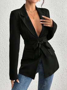 SHEIN PETITE Damen Eleganter Blazer mit einfarbigem Kragen und Langarm