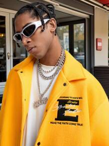 Manfinity VCAY Men's Yellow Embroidered Letter Long Sleeve Jacket, For Fall Winter - Yellow - View 4