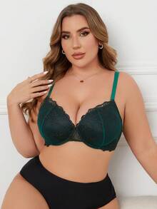 SHEIN Áo ngực nâng ngực thêu họa tiết cỡ lớn - Màu xanh lá cây đậm - Xem 3