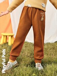 SHEIN 1 件装年轻女孩运动裤秋冬新款可爱猫咪刺绣宽松休闲裤 - 咖啡棕 - 查看 6