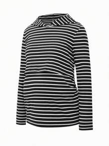 SHEIN Maternity 2pcs Women Fitted Striped Hooded Long Sleeve Tops, Nursing