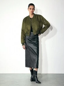 Maija 女士秋冬保暖军绿色前拉链后刺绣夹克，短款外套 - 軍綠色 - 查看 6