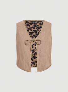 SHEIN MOD Plus Size Leopard Print V-Neck Sleeveless Front Tie Reversible Jacket