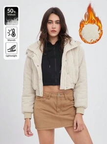 SHEIN EZwear 女式纯色前扣长袖防风外套，秋冬 - 杏色 - 查看 1