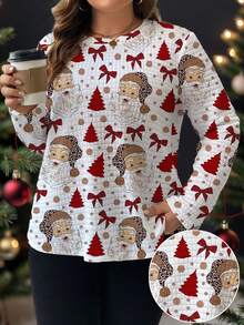 SHEIN LUNE Áo thun cổ tròn tay dài in họa tiết ông già Noel họa tiết Giáng sinh thoải mái, rộng rãi, size lớn dành cho nữ - Nhiều màu - Xem 5