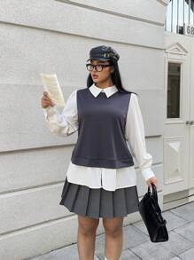 Flirla Preppy Style Campus Return Minimalist Matching Gray With White Patchwork Long Sleeve Shirt, Autumn/Winter - Grey - View 2