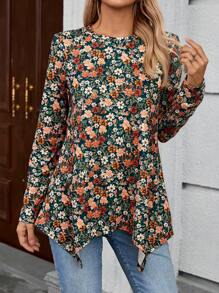 EMERY ROSE 女式休闲碎花不对称下摆 T 恤，秋季 - 彩色 - 查看 3