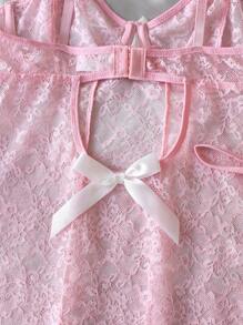 3 piezas Camisón romántico de encaje con parches y lazo floral sexy para mujer, en rosado y blanco