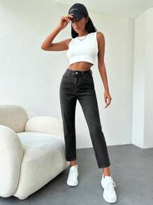 RueChic 純色高腰牛仔褲 - 深灰色 - 查看 4