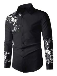 Manfinity Homme Men's Floral Pattern Long Sleeve Black Dress Shirt, Gentlemen Style For Spring/Autumn, Fall - Black - View 4