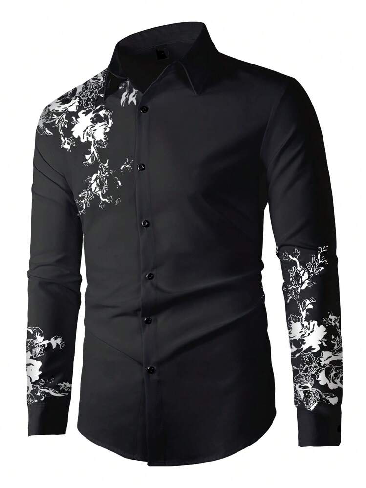 Manfinity Homme Men's Floral Pattern Long Sleeve Black Dress Shirt,  Gentlemen Style For Spring/Autumn, Fall | SHEIN USA