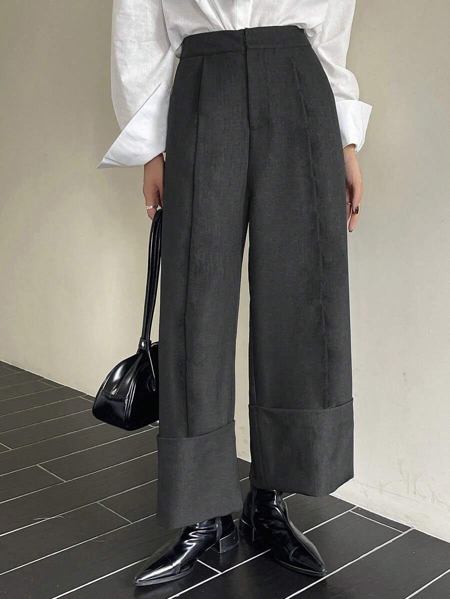 DAZY Solid Color Cropped Straight Leg Pants With Cuffed Hem & Pockets, Women Suit Trousers Fall/Winter Business Attire