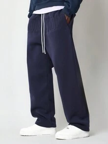 SUMWON 宽松运动裤，弹性脚踝抽绳腰部羊毛冬季运动休闲慢跑裤，健身训练家居服 - 藏蓝色 - 查看 2