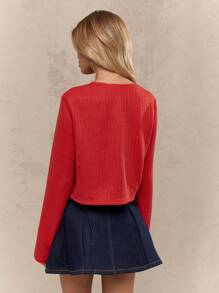 MISSGUIDED Ribbed Knit Button Down Cardigan Long Sleeve Fall Winter Cropped Everyday Casual Sweater Classic Knitted Layer Basic Essential Autumn Fashion Christmas - Red - View 2