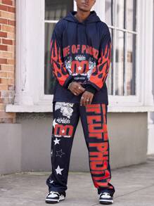 Manfinity Dauomo 2 pièces/Set Sweat-shirt et pantalon noirs graphiques pour hommes, style de rue hiphop
