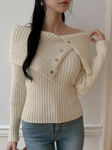 DAZY 1 Stück Damen Design Oversized Kragen asymmetrischer Knopfdekor Pullover, Herbstmode für Frauen - Beige - Übersicht 1