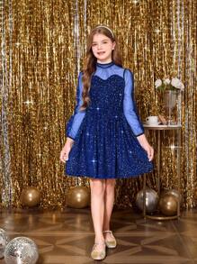 SHEIN Tween Girl Elegant Mesh Long Sleeve Dress, Shiny Fabric, Suitable For Dances, Parties, Christmas Events