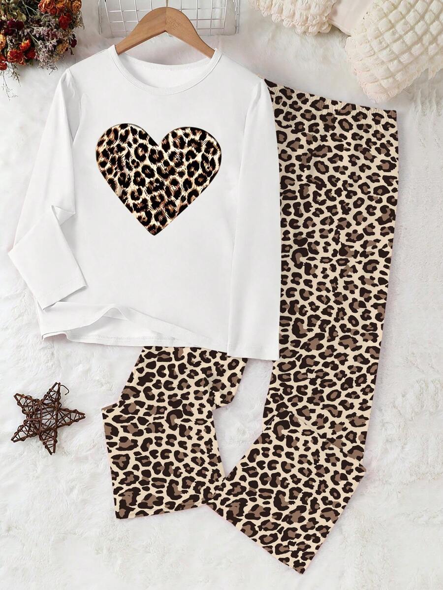 女童豹纹休闲舒适两件套 - 长袖上衣和长裤家居服 - 白色 - 查看 1