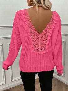 EMERY ROSE Femei culoare solidă guler rotund mânecă lungă Hollow-Out Splice minimalist casual pulover tricotat pulover toamna iarna - Roz fierbinte - Vizualizare 2