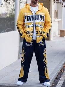 Manfinity LEGND Bộ đồ vest thường ngày in chữ cỡ lớn cho nam có mũ trùm đầu và quần có khóa kéo phía trước, mùa thu - Nhiều màu - Xem 1