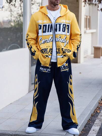 Manfinity LEGND 男士大码字母印花拉链连帽衫和裤子休闲套装，秋季