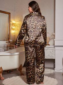 MuseNap CURVE Plus Size Elegant Leopard Print Embroidered Pocket Faux Silk Sleepwear Set, Fall Winter Clothes - Multicolor - View 2