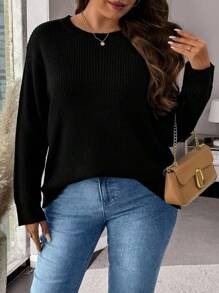 SHEIN LUNE Plus Size Plain Round Neck Drop Shoulder Sweater, Casual For Autumn/Winter