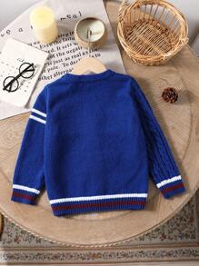 SHEIN Young Boy V-Neck Cable Cable & Letter Applique Button Front Long Sleeve Cardigan - Royal Blue - View 2