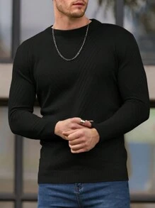 RueChic Men Round Neck Solid Regular Black Long Sleeve Sweater - Black - View 5