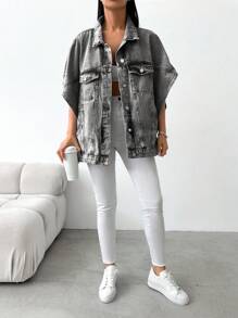 EURMUSE Loose & Casual Half Sleeve Denim Jacket - Black - View 3