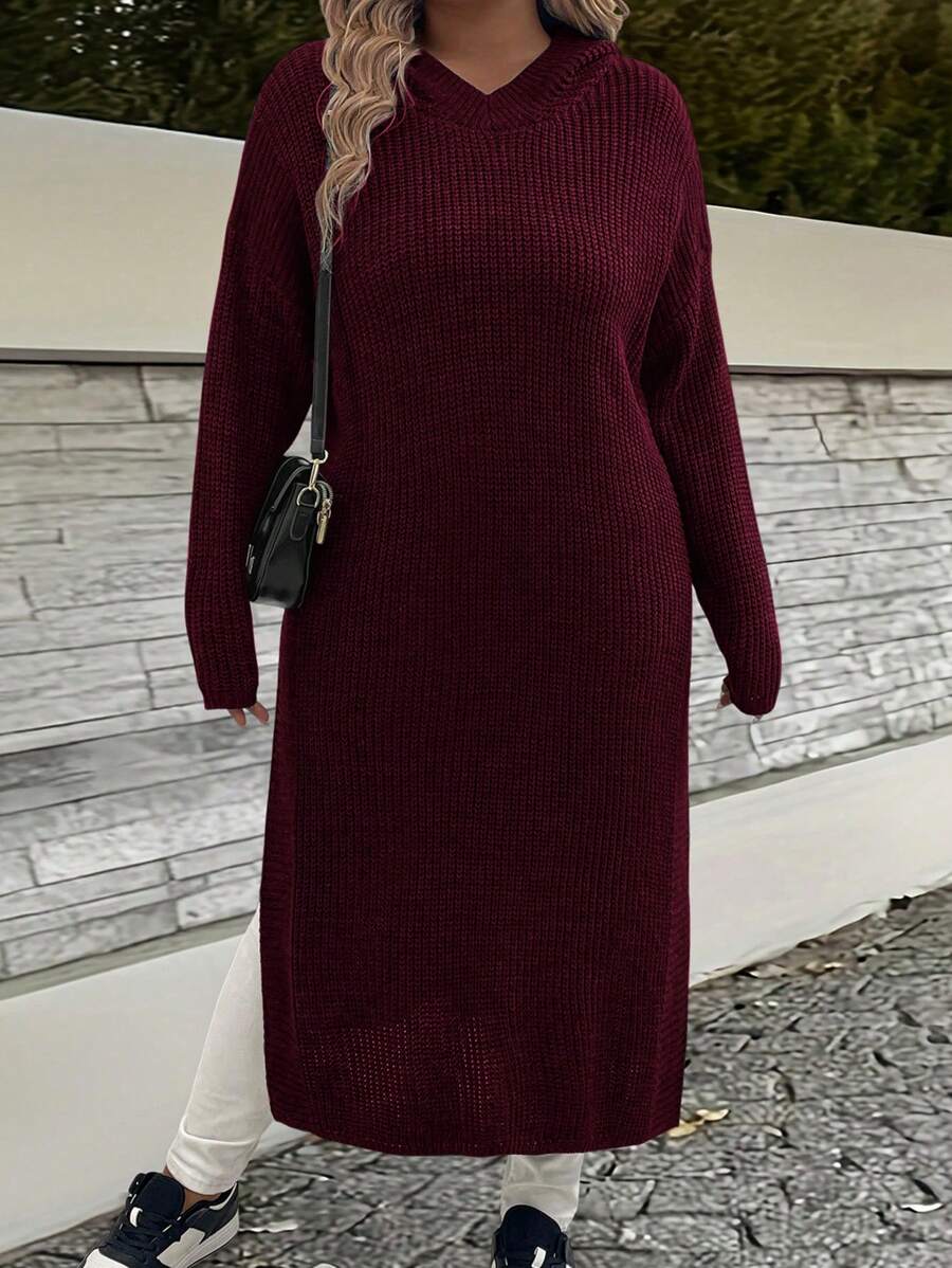 SHEIN LUNE Plus Size Solid V-Neck Long Sleeve Split Hem Casual Sweater Dress Fall Cloth For Women - Burgundy - View 1
