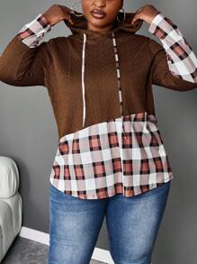 SHEIN LUNE Plus Size Plaid Patchwork Drawstring Hoodie T-Shirt, Casual Autumn - Brown - View 7