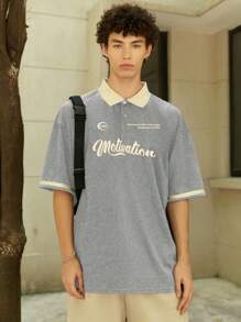 Aesthetic Post Áo thun polo cổ tròn in họa tiết chữ cho nam dáng rộng, mùa hè - Màu Xám nhạt - Xem 4