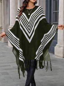 Calvaya Plus Size Women Striped Color Block Tassel Hem Pullover Sweater, Autumn/Winter