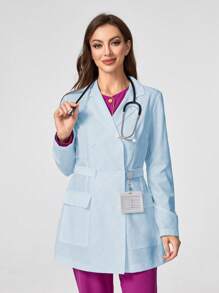 TaskEZ Women's Solid Color Lapel Neck Long Sleeve Utility Pocket Laboratory Jacket Set Scrub Set Nurse Dresses Scrub Tops Scrub Bottoms Lab Coats Scrub Outwear - Baby Blue - View 5