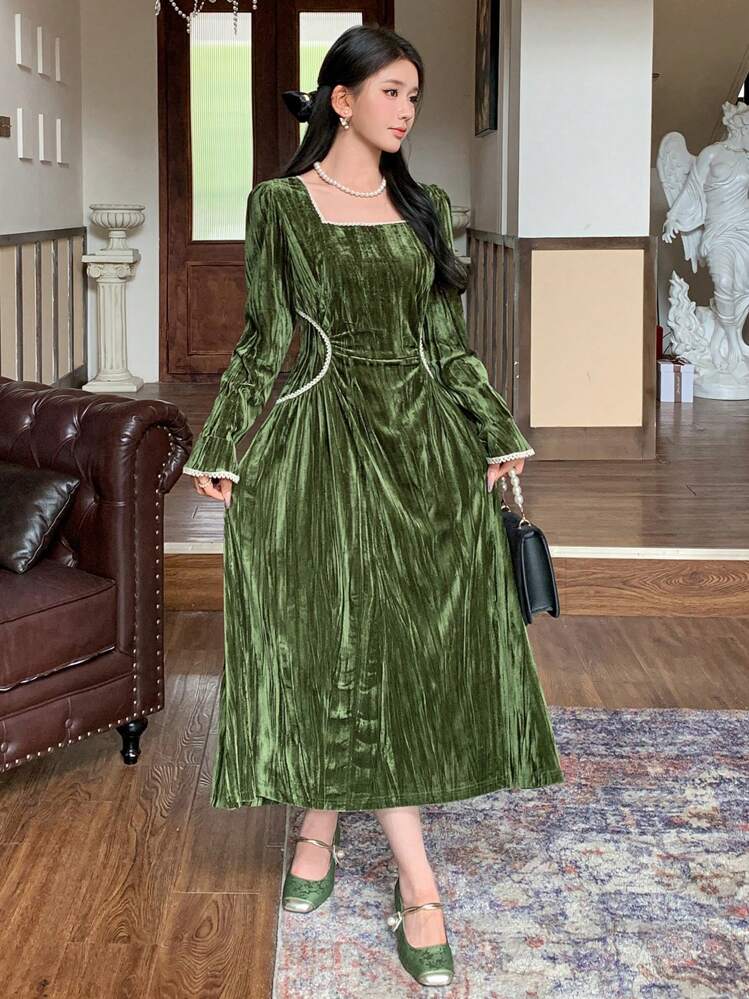 DAZY 女士秋季优雅天鹅绒褶皱腰连衣裙，新年除夕舞会礼服，秋季女装 - 綠色 - 查看 8