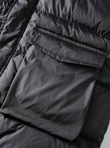 Manfinity Homme Men's Solid Color Fluffy Patchwork With Pockets Long Sleeve Padded Coat, Winter Going Out Casual Color Block Quilted Winter Coat, For Friends, Husband, Boyfriend Gifts - Black - View 4