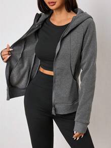 SHEIN Unity 女士纯色长袖拉链领休闲连帽夹克，秋季 - 灰色 - 查看 5