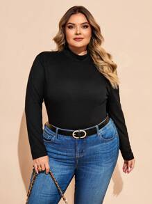 SHEIN CURVE+ Áo liền quần cổ lọ ôm vừa vặn cho nữ cỡ lớn, áo thu - màu đen - Xem 5