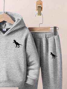 SHEIN Bộ 2 chiếc/Bộ áo hoodie và quần dài in hình khủng long thoải mái cho bé trai, thời trang và thoải mái cho mùa thu/đông - Xám - Xem 4