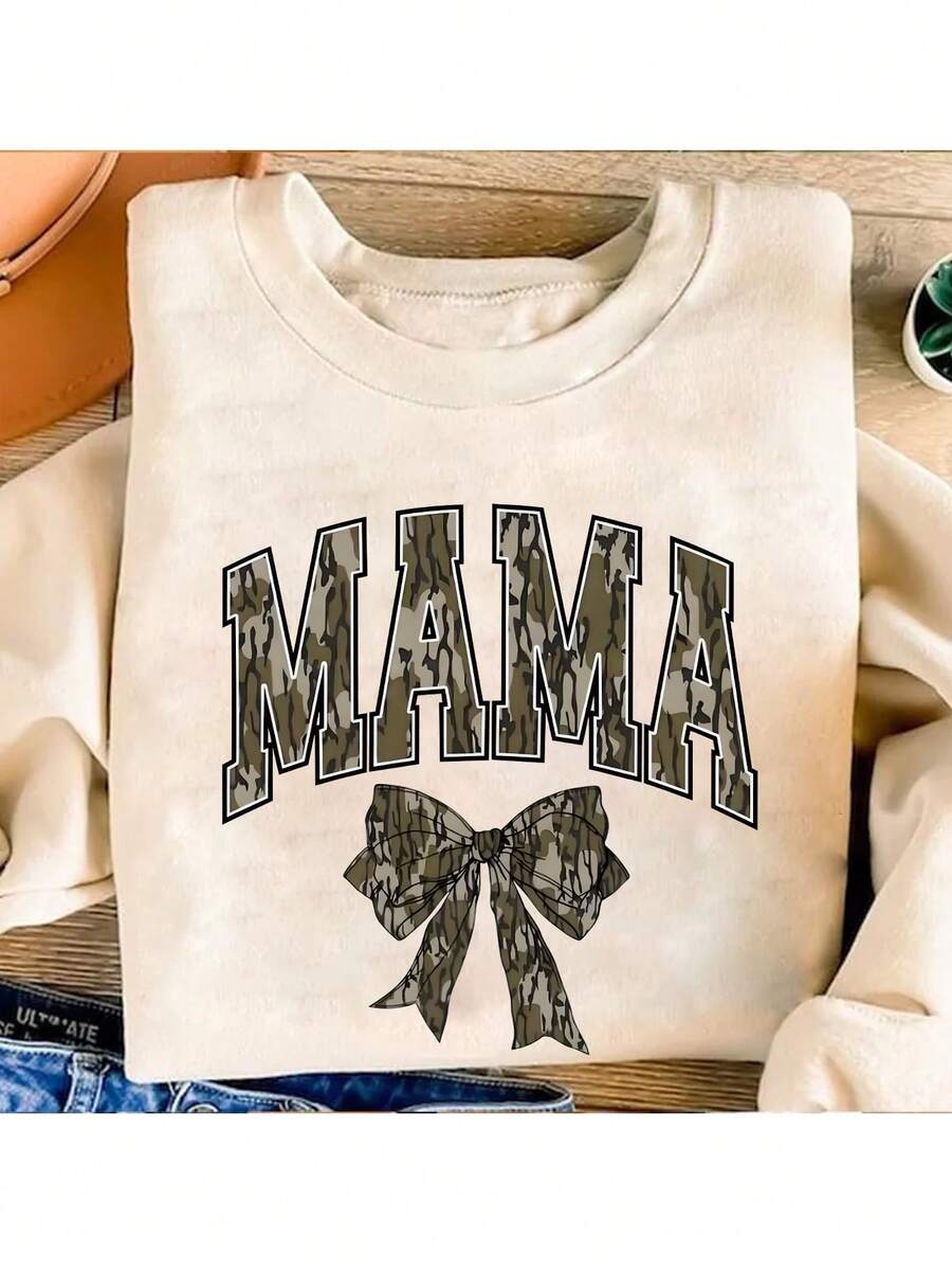 SHEIN EZwear 女式字母与蝴蝶结印花圆领长袖保暖内衬休闲运动衫，秋冬 - 杏色 - 查看 1