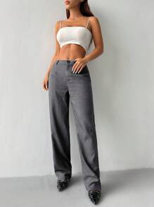 Flirla Pantalones rectos de oficina/trabajo con bolsillos oblicuos de estilo casual para mujer
