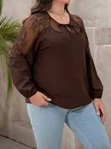 INAWLY Camicia lunga in pizzo, elegante e sexy con maniche lunghe, adatta per uso casual, lavoro e attività all'aperto - Castano - Visualizzare 4