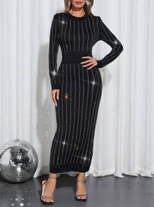 SHEIN Clasi 优雅女士派对性感条纹长款水钻紧身连衣裙 - 黑色 - 查看 1