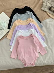 SHEIN Bộ đồ liền thân dài tay cổ tròn dệt kim cho bé gái sơ sinh/Unisex, Mua 1 tặng 5 - màu đen - Xem 1