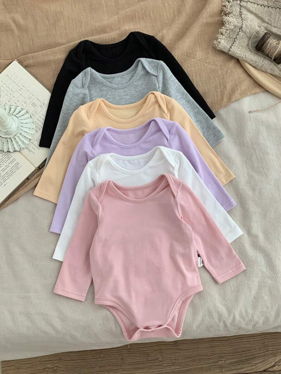 SHEIN Bộ đồ liền thân dài tay cổ tròn dệt kim cho bé gái sơ sinh/Unisex, Mua 1 tặng 5 - màu đen - Xem 1