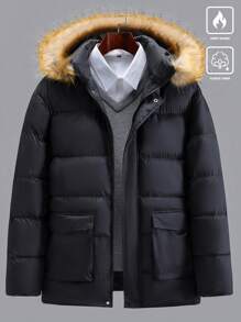 Manfinity Homme Men's Solid Color Fluffy Patchwork With Pockets Long Sleeve Padded Coat, Winter Going Out Casual Color Block Quilted Winter Coat, For Friends, Husband, Boyfriend Gifts - Black - View 1