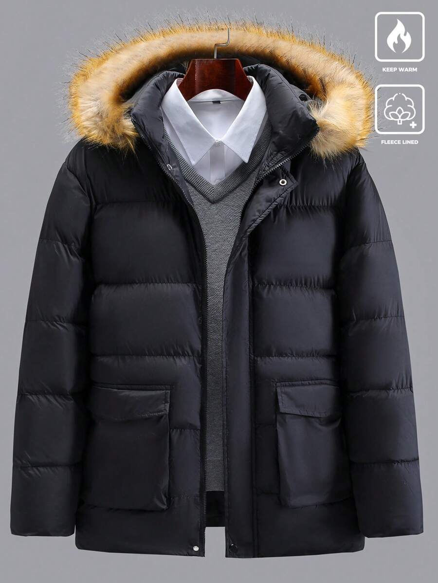 Manfinity Homme Men's Solid Color Fluffy Patchwork With Pockets Long Sleeve Padded Coat, Winter Going Out Casual Color Block Quilted Winter Coat, For Friends, Husband, Boyfriend Gifts - Black - View 1