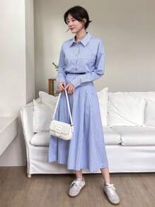 女士长袖衬衫和条纹裙两件套家居服套装 - 藍色 - 查看 4