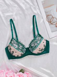 SHEIN 1 件套花卉刺绣网眼时尚女士文胸，内衣 - 墨綠色 - 查看 6